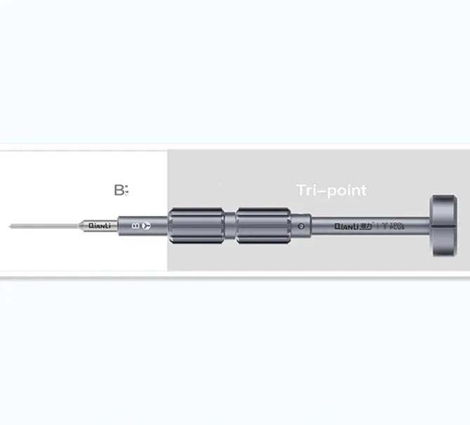 iPhone compatible precision screwdriver with grenade-shaped aluminium handle and five bit types including T2 cross triangle
