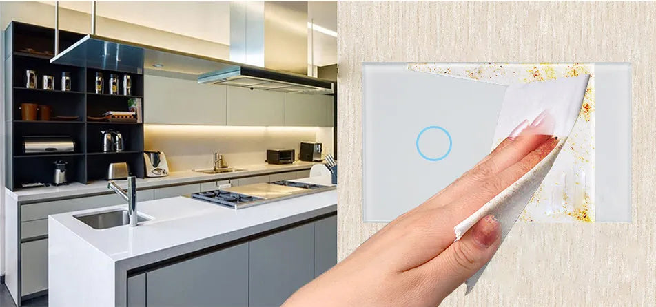 A white 2-gang touch light switch with a tempered glass panel and blue LED indicator light.