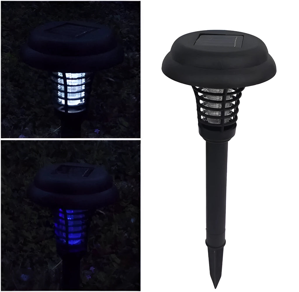Black solar-powered insect control lawn lamp with white and UV purple LEDs, standing 42cm tall.
