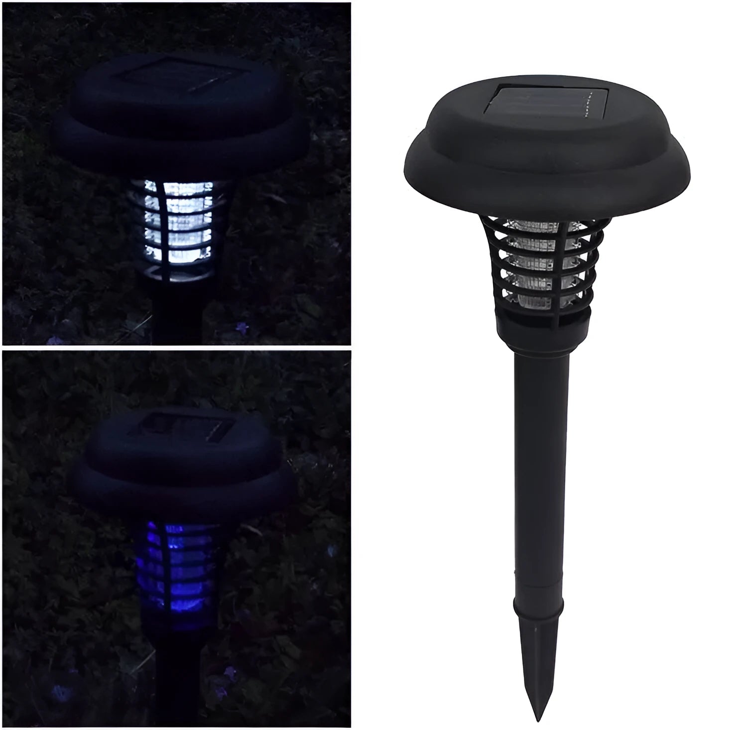 Black solar-powered insect control lawn lamp with white and UV purple LEDs, standing 42cm tall.