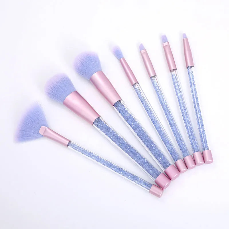 7-piece makeup brush set with rayon bristles, PU tip, long plastic handle, 20cm length, pink colour