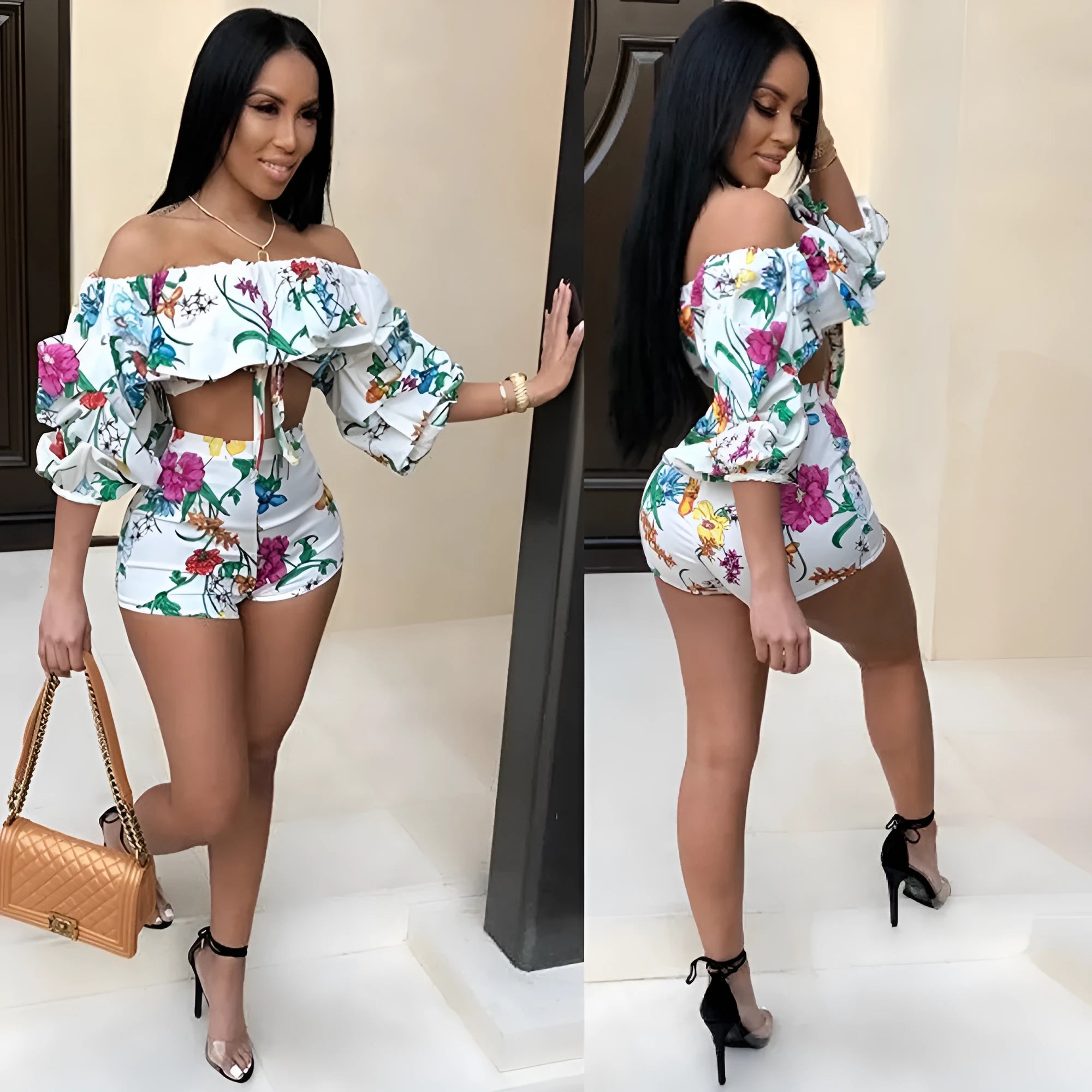 Women's multicolour digital print lounge set with puff-sleeved top and shorts.