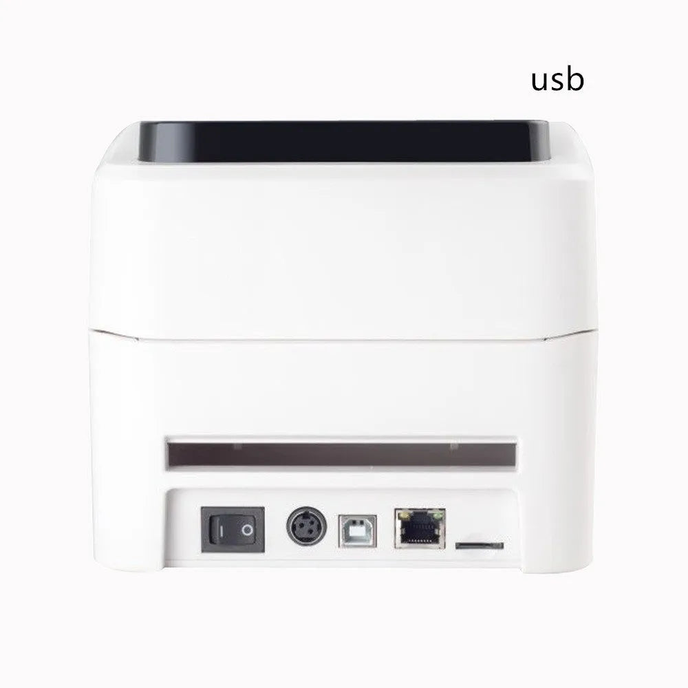 Thermal barcode printer with USB interface, 25.4-118mm print width, 215x178x155mm space-saving body, one button and two indicator lights.