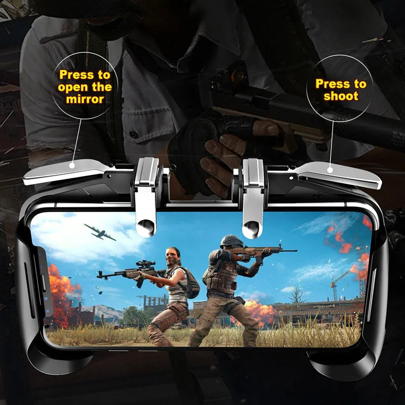Multifunctional mobile game handle for smartphones in black, blue, and white colour options.