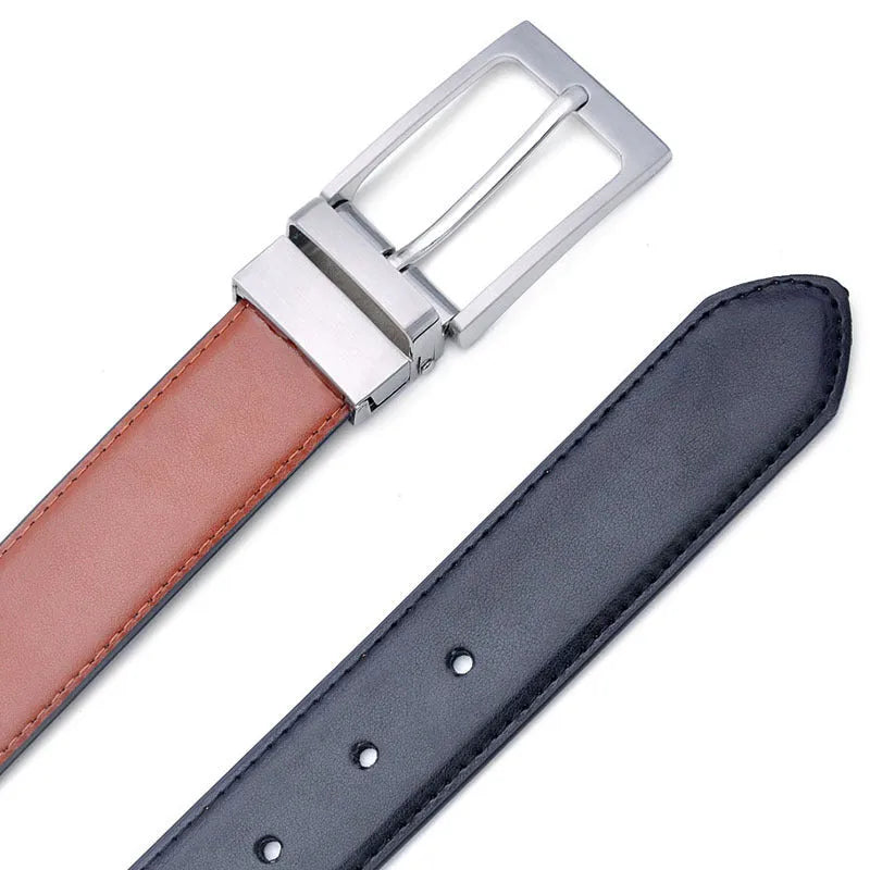 Men's dark brown and black genuine leather belt with a silver rotating pin buckle on a white background.