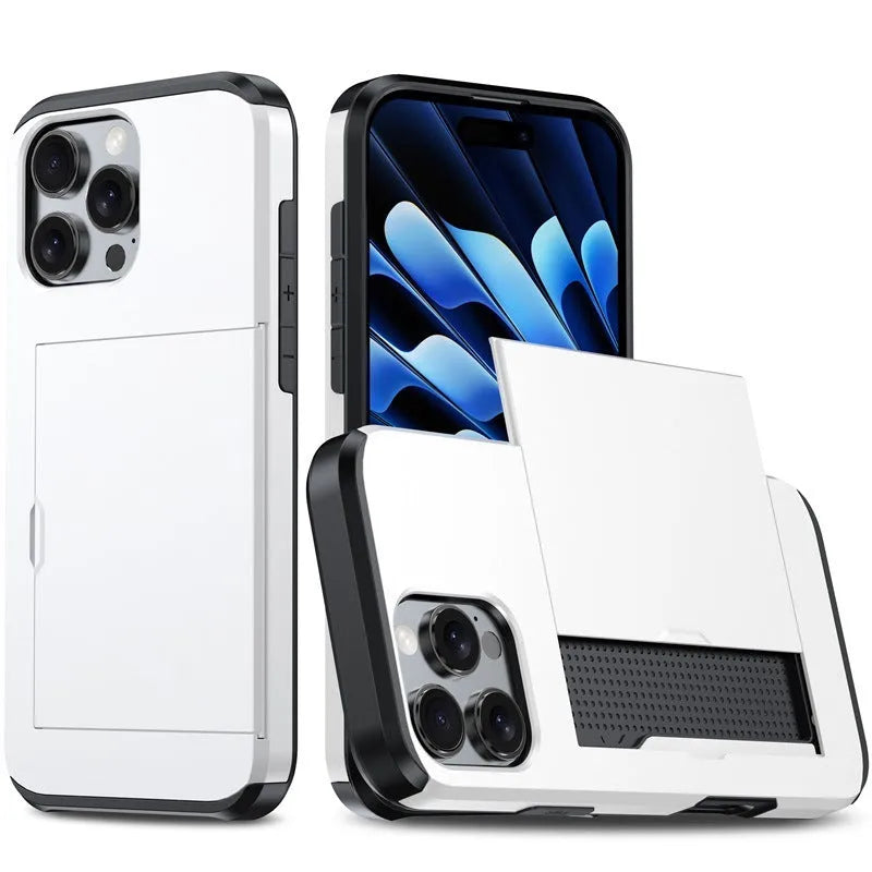 Two-in-one mobile phone case with sliding card holder for iPhone 16, TPU PC anti-drop protective case, available in Black