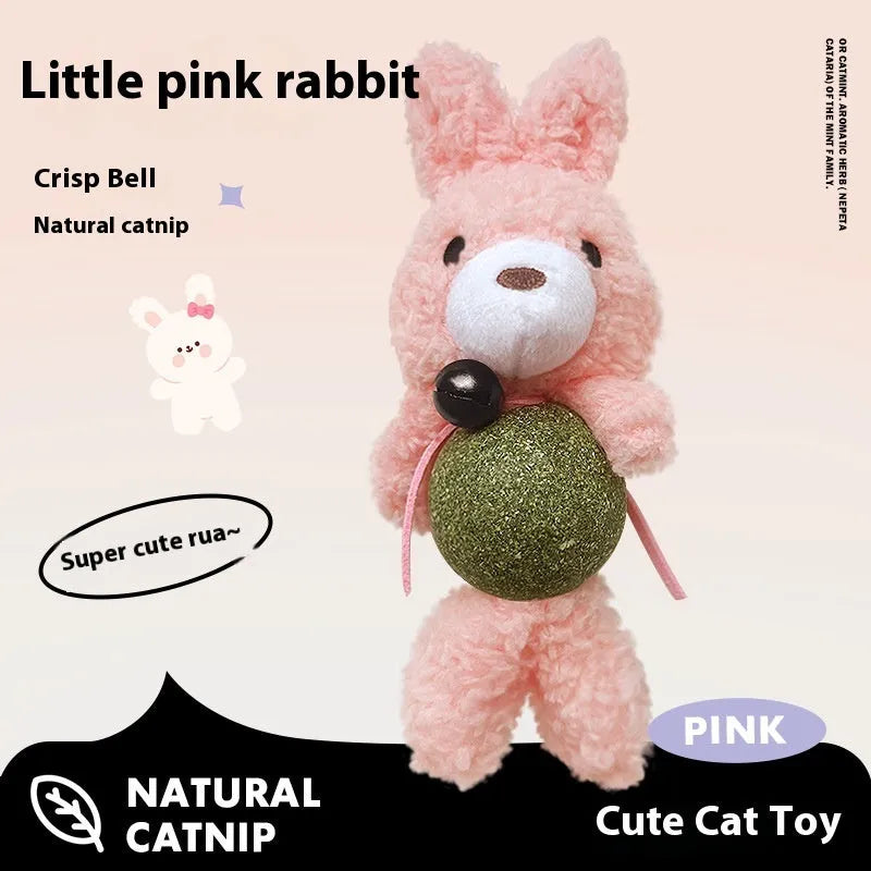 Brown bear plush cat toy with a central mint ball, measuring 15cm tall, on a plain background.