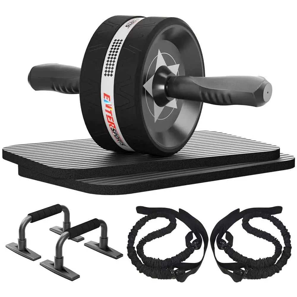 Seven abdominal wheels with push-up bracket in red, green, black, and blue colours for indoor fitness training
