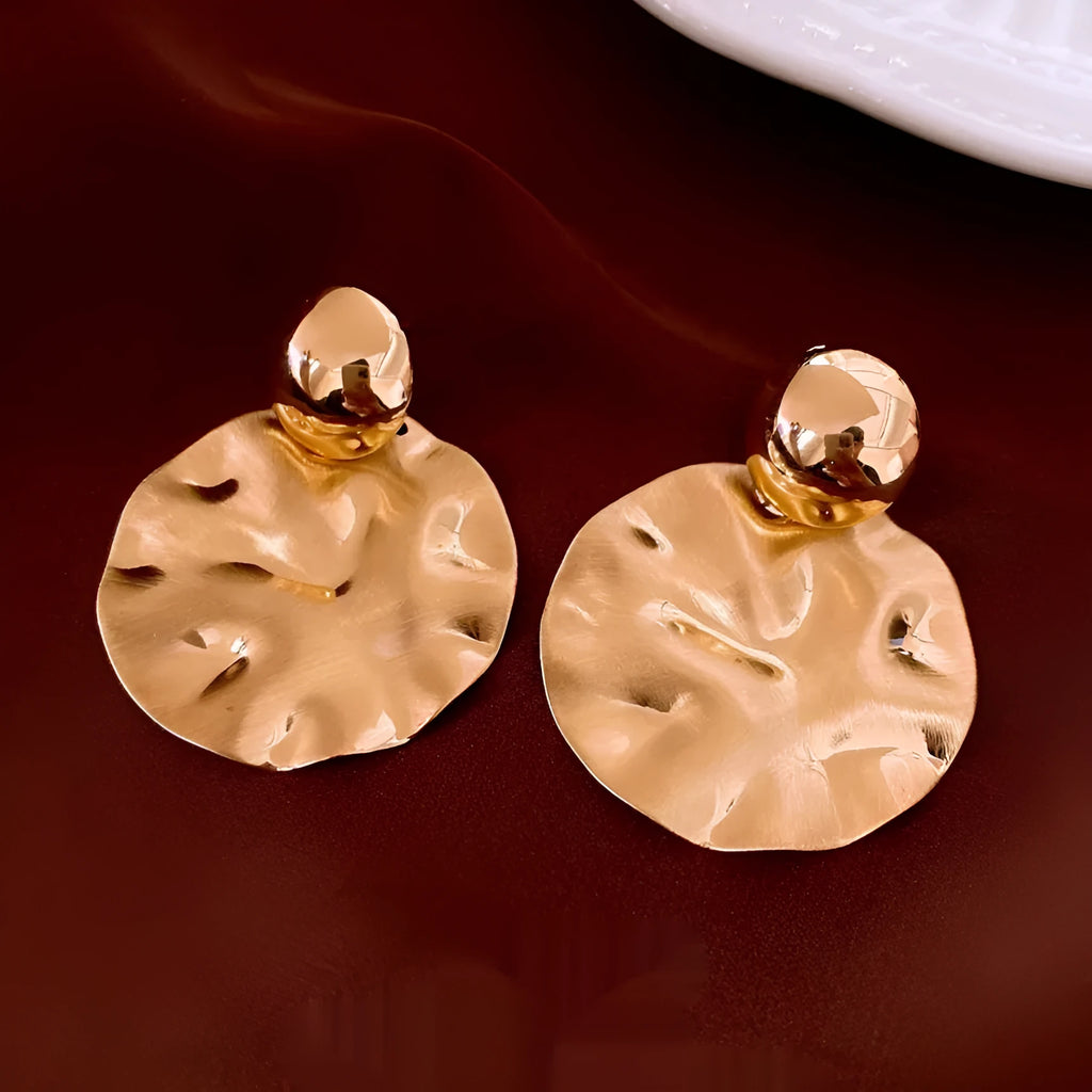 Round geometric earrings with electroplated iron and silver needle posts in gold or silver colour options