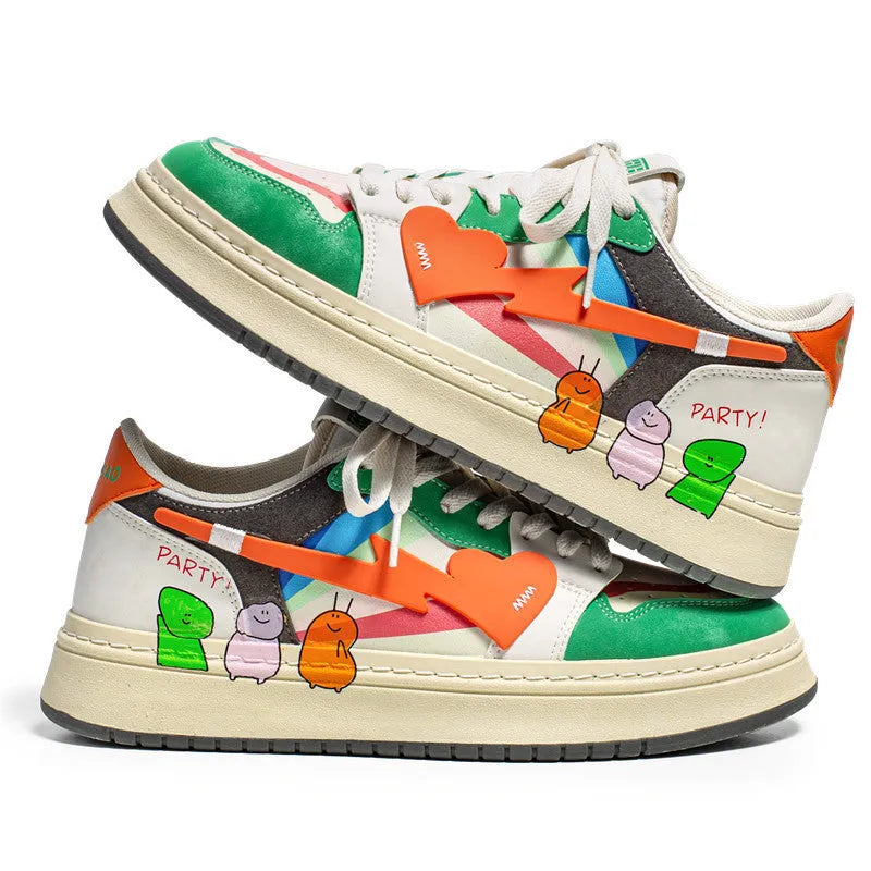 A pair of simple plain lace-up sneakers in a choice of rainbow, white blue, or white rice colours on a white background.