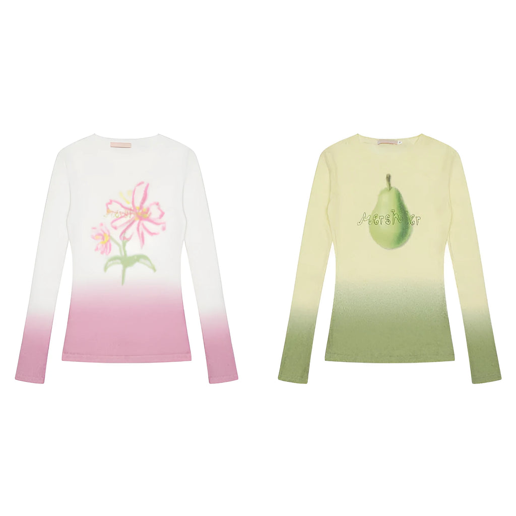 Women's yellow green gradient flower long-sleeved T-shirt made from thin polyester fabric, laid flat.