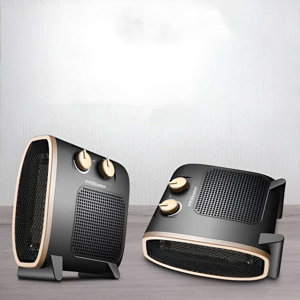 Compact white electric fan heater with mechanical control knobs on a wooden floor.