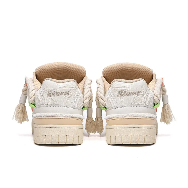 Creamy white women's retro lace-up skateboard shoes with low platform heel on rubber sole