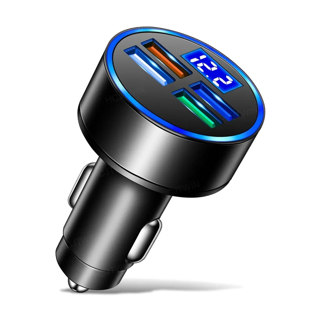 Black four-port USB car charger with cigarette lighter plug for vehicle power socket