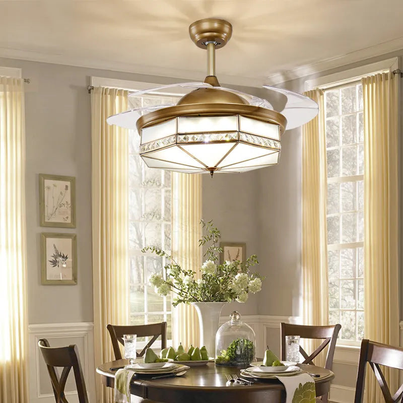 Gold 42-inch ceiling fan light with invisible blades and remote control on a white background
