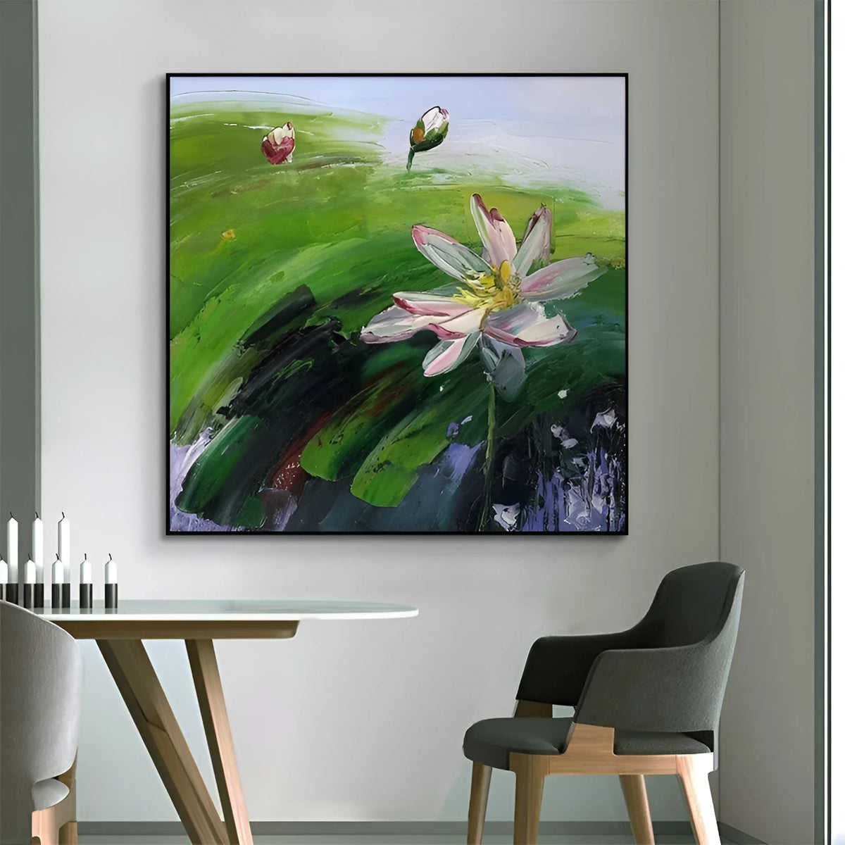 Hand painted square oil painting of a countryside landscape with lotus flowers on canvas, unframed wall art
