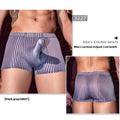 Men's black striped boxer briefs with a cotton blend gusset, shown laid flat.