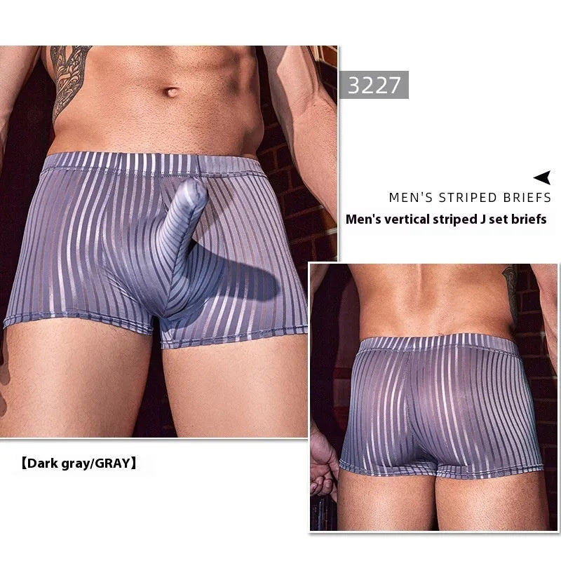 Men's black striped boxer briefs with a cotton blend gusset, shown laid flat.