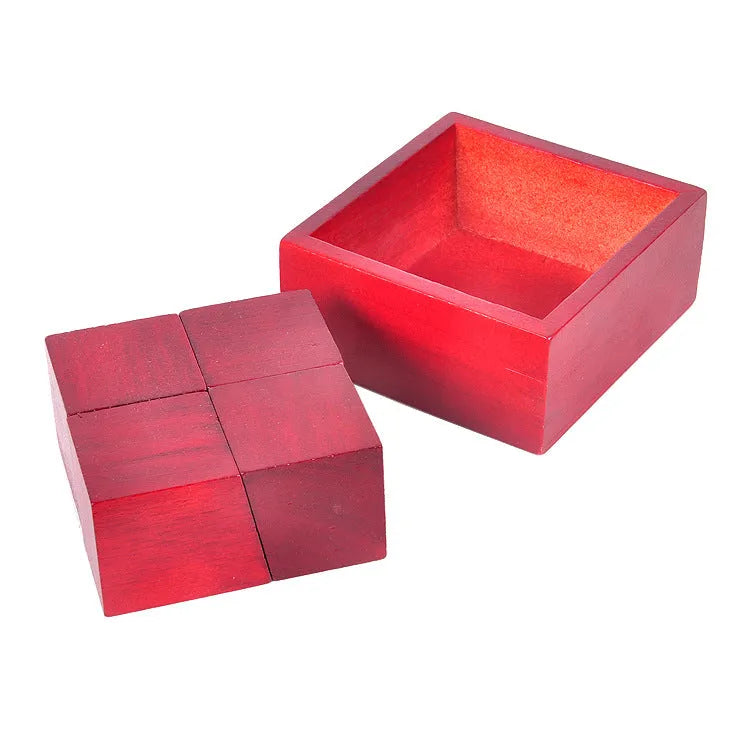 Red wooden magic box with Kong Ming Lock, 9.5cm size, angled view showing box and puzzle lock