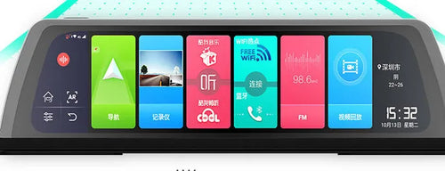 10-inch black plastic smart navigation driving recorder with touch screen, GPS, Bluetooth, front and rear video and car plug.