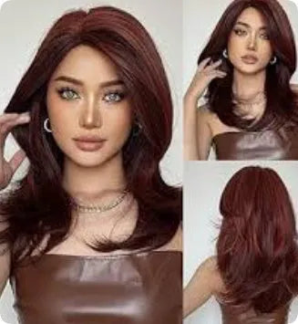 Mid-length platinum gradient synthetic wig with long curly hair and bangs in wine red, brown, or white gold colour.