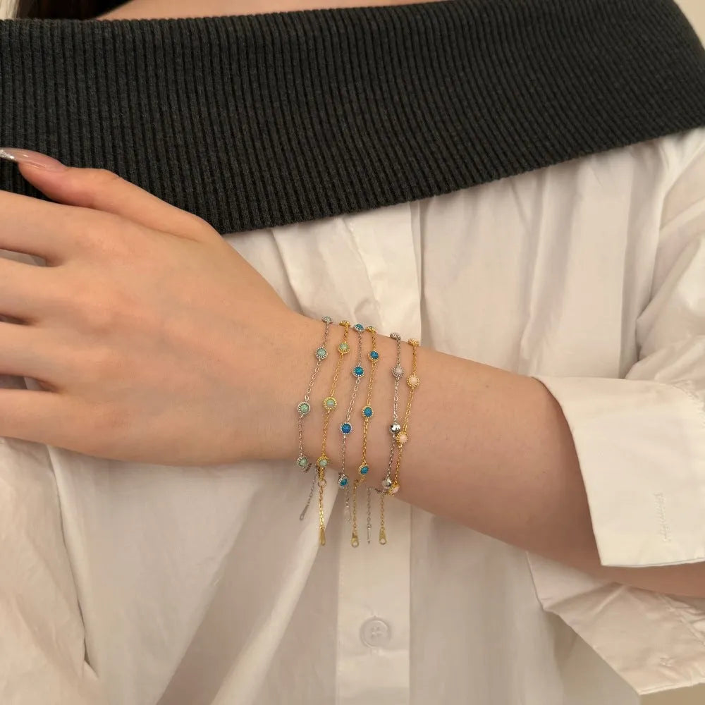 S925 sterling silver geometric round link opal bracelet for women, simple Japanese Korean style, multiple colour options