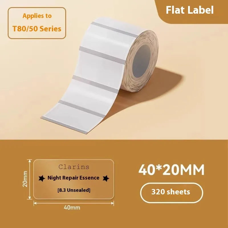 Transparent waterproof adhesive labels in various rectangular and circular sizes on thermal synthetic paper