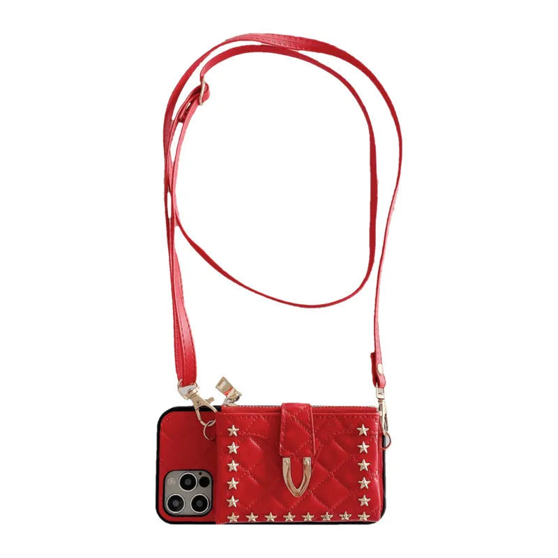 Flip messenger card wallet phone case in imitation leather for iPhone, shown in red, white, pink, and black