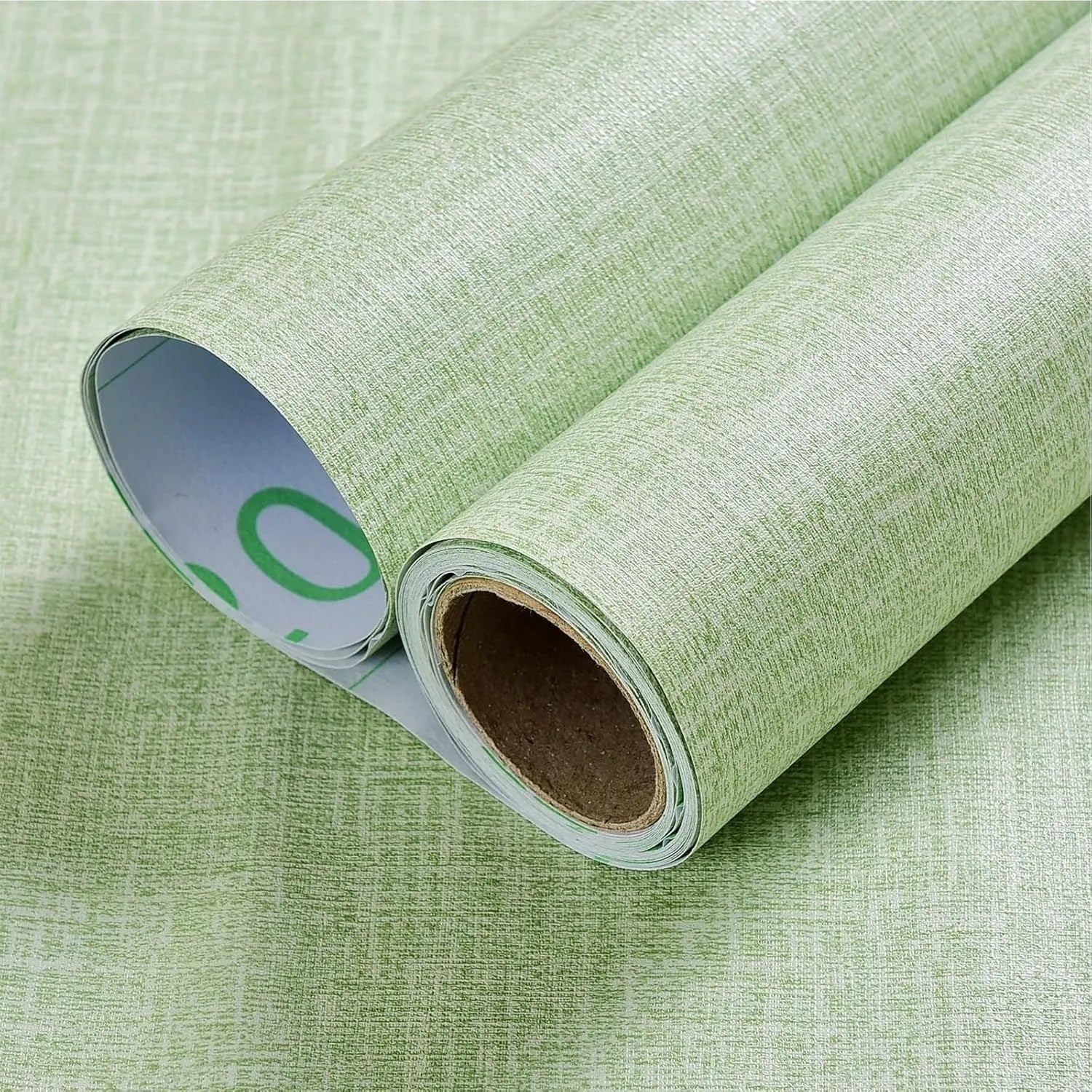 Roll of gray linen self-adhesive wallpaper with textured double-layer surface