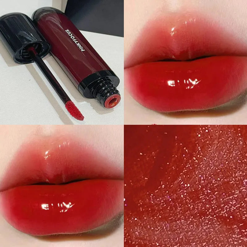 Black shiny mirror lip lacquer tube with glossy finish, shown alongside swatches of its six colour shades.