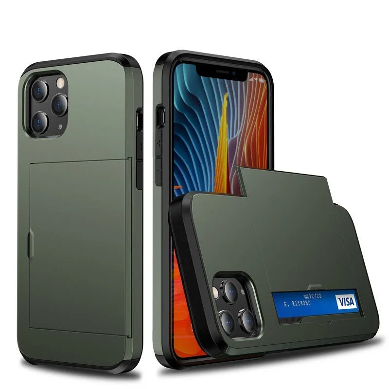 Slim iPhone wallet case with sliding card cover in Army Green colour, showing front and back protection.