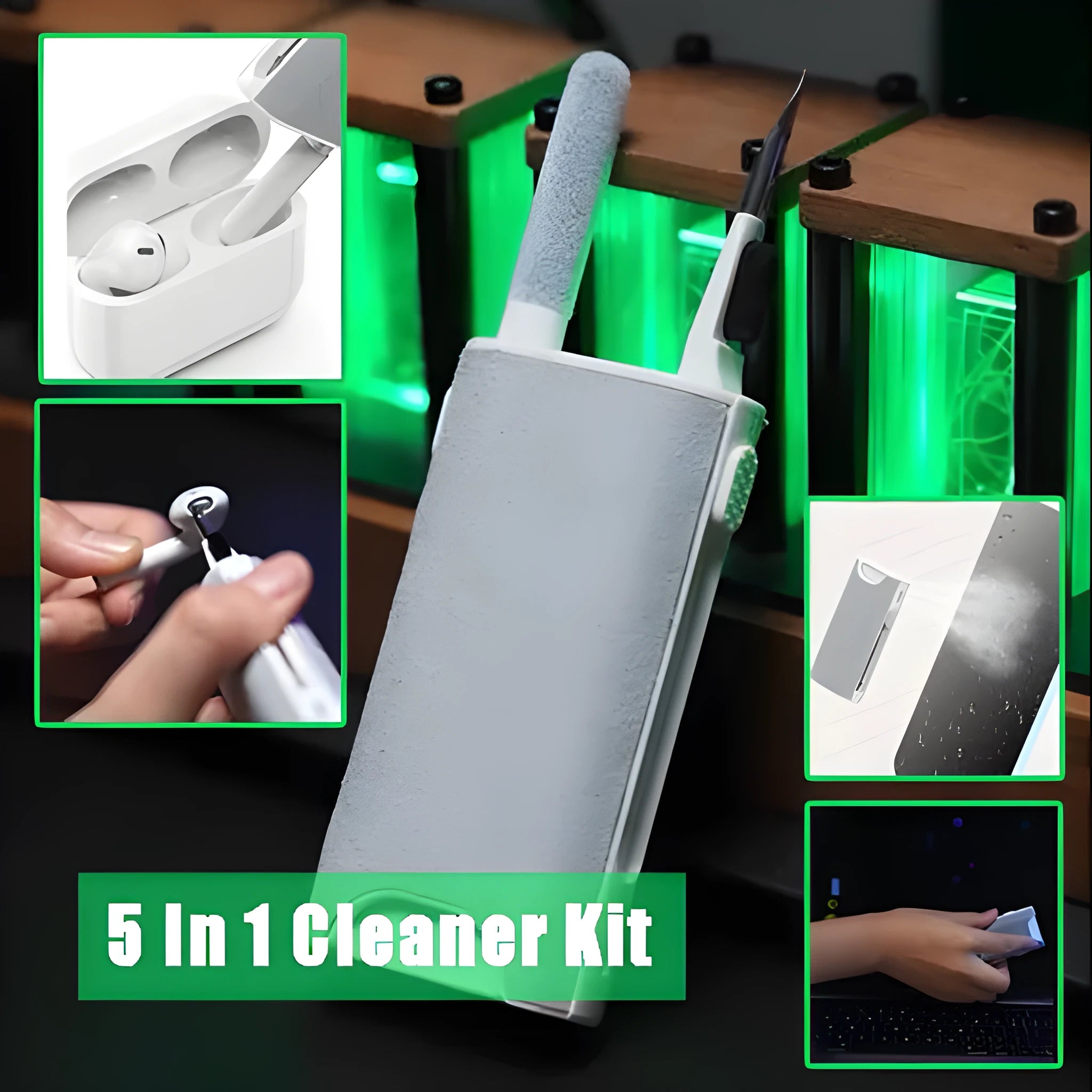 5-in-1 screen cleaner kit with flocking sponge, brush, and metal pen tip for phone, tablet, laptop, and camera cleaning
