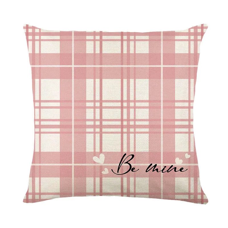 Valentine's Day plaid and heart printed pillow cover in 45x45cm size on a sofa.