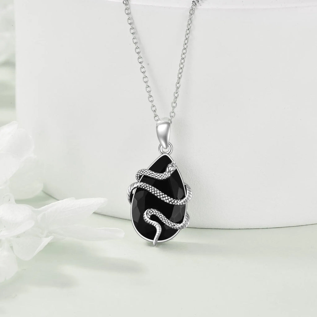 Sterling silver snake necklace with black obsidian and tourmaline teardrop crystal on an 18-inch cable chain