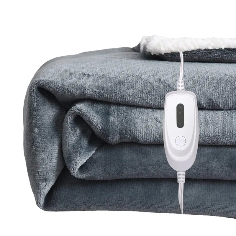 Grey, brown and white USB electric heating blanket with intelligent temperature controls on soft flannel fabric.