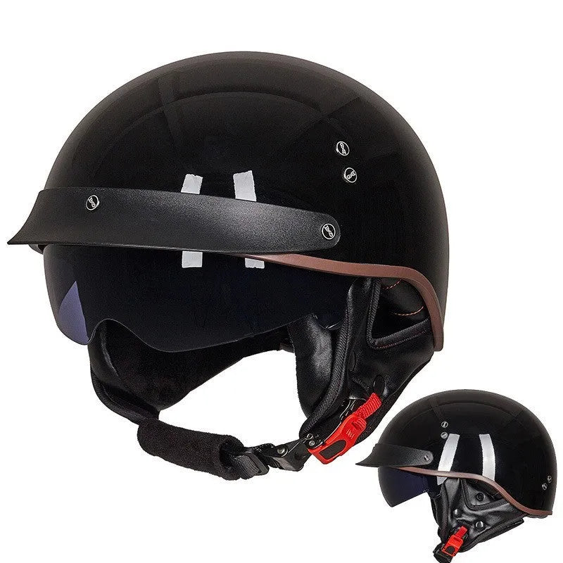Vintage motorcycle helmet with ABS shell, EPS liner, quick release buckle, and UV protection glasses in black