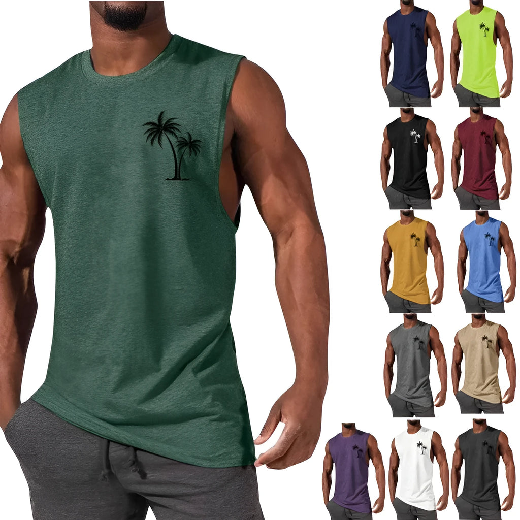 Men's sleeveless vest with coconut tree embroidery, cotton polyester tank top in black, white, navy, and other colours.
