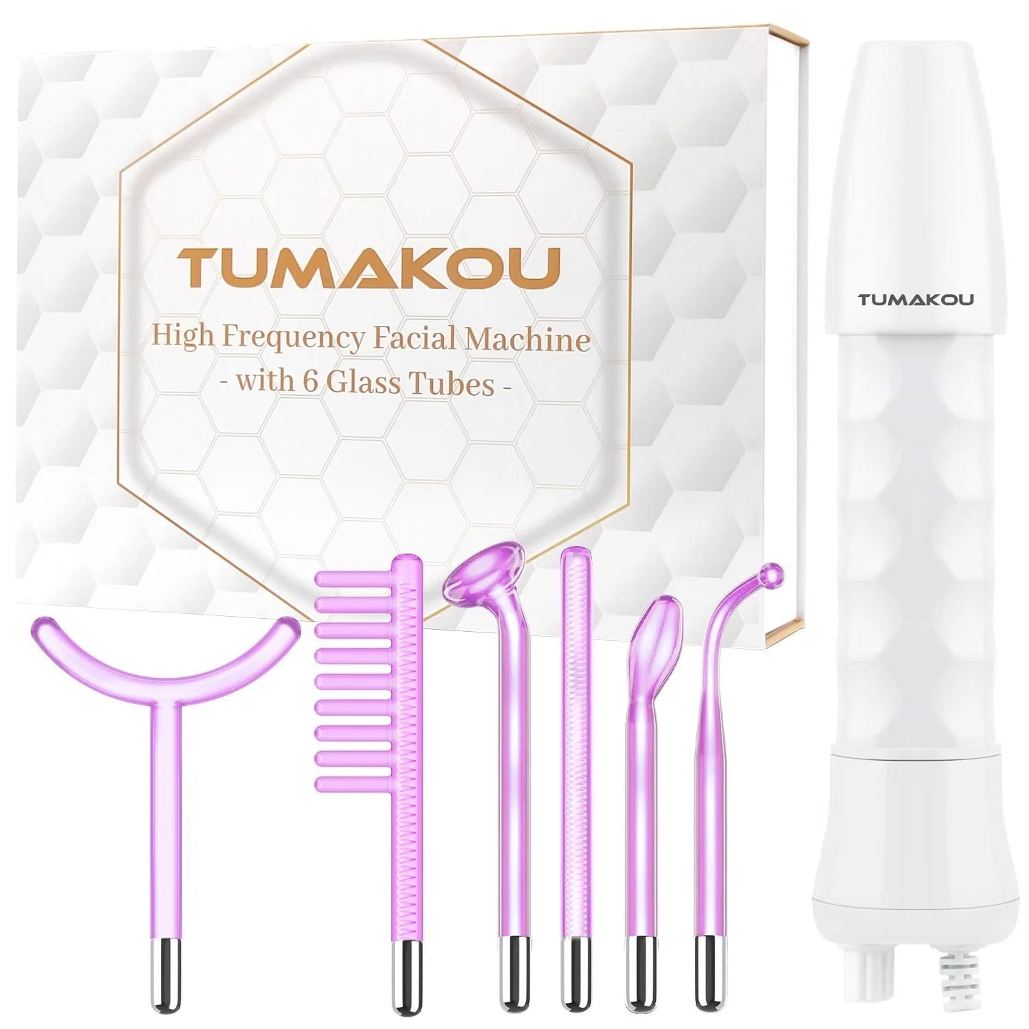 Purple high-frequency electrotherapy rod with six accessory heads for professional skin treatments