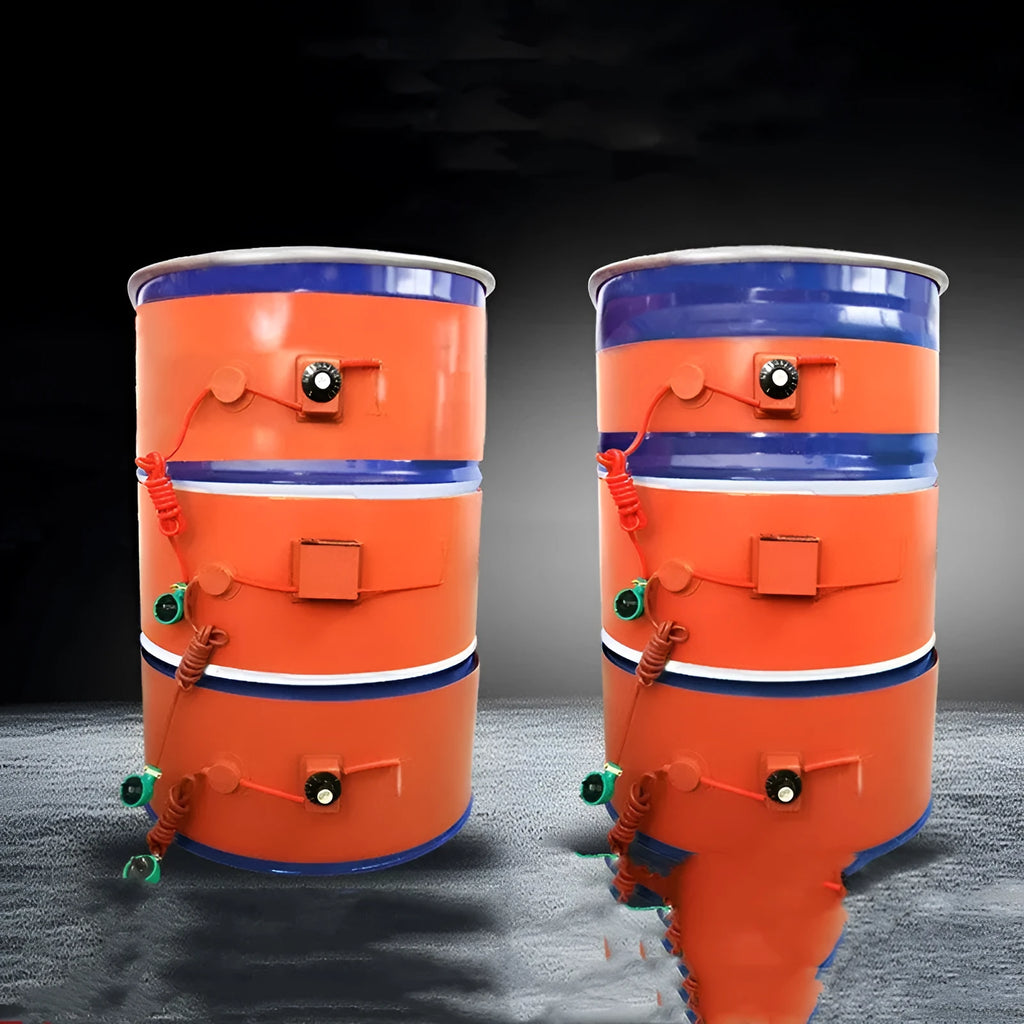 Silicone rubber heating belt wrapped around a 200-litre oil drum with control unit