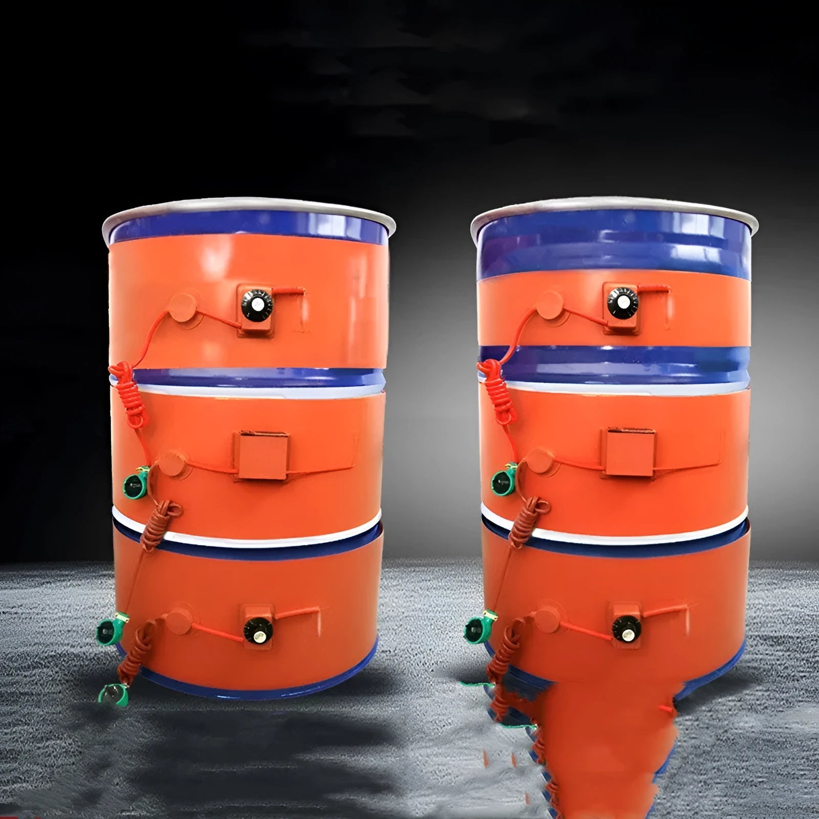 Silicone rubber heating belt wrapped around a 200-litre oil drum with control unit