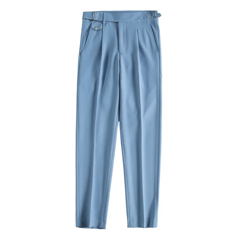 Men's straight-leg casual trousers in a solid colour, laid flat to show the fit and detailing.