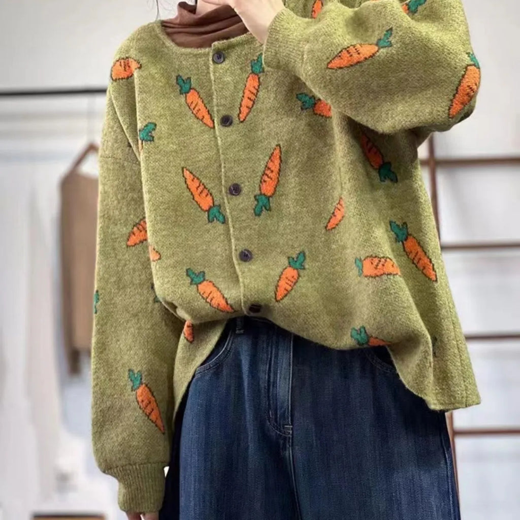 A loose-fitting cardigan with a round neck, artistic printing, and colour contrast details.