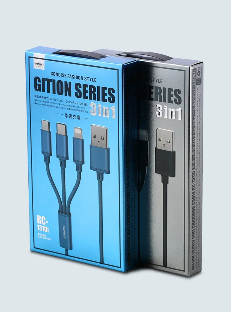 One For Three braided charging cable with USB, Micro USB, and Type-C connectors, 1.15m, black