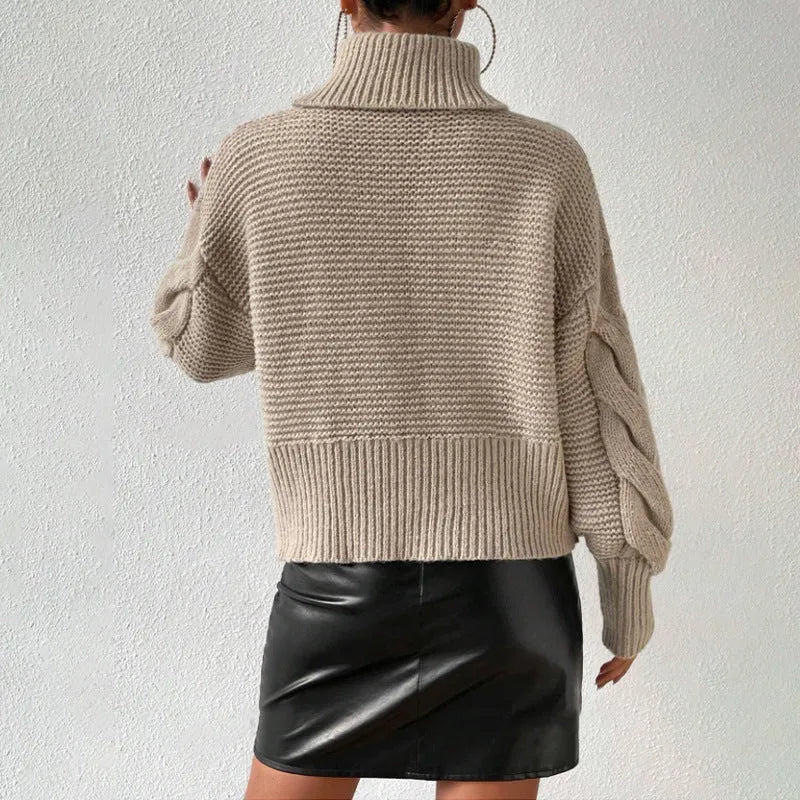Women's twist thread solid colour loose pullover sweater in camel, long sleeves, medium thickness polyester fabric