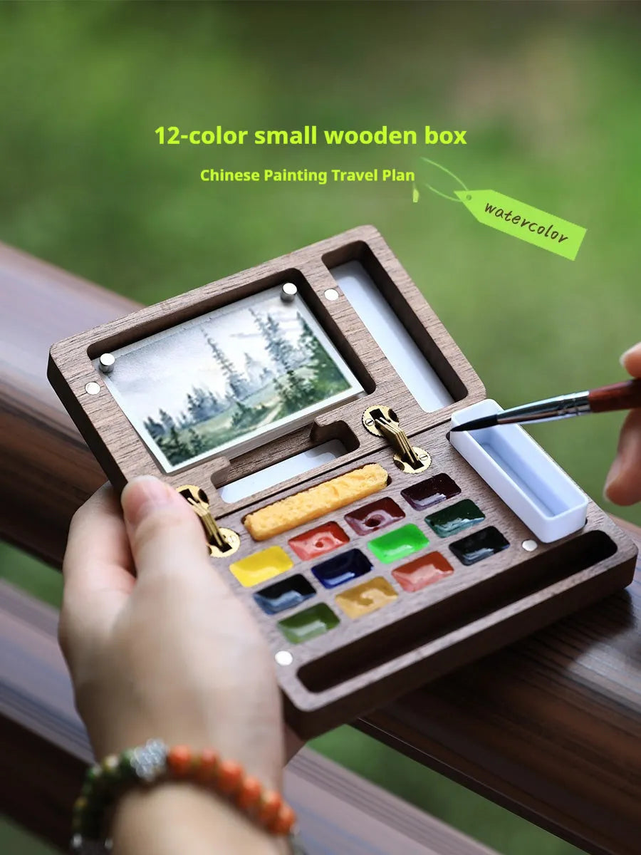 Mini wooden watercolour paint box with choice of pigment suit styles including Holbein and Schminke.
