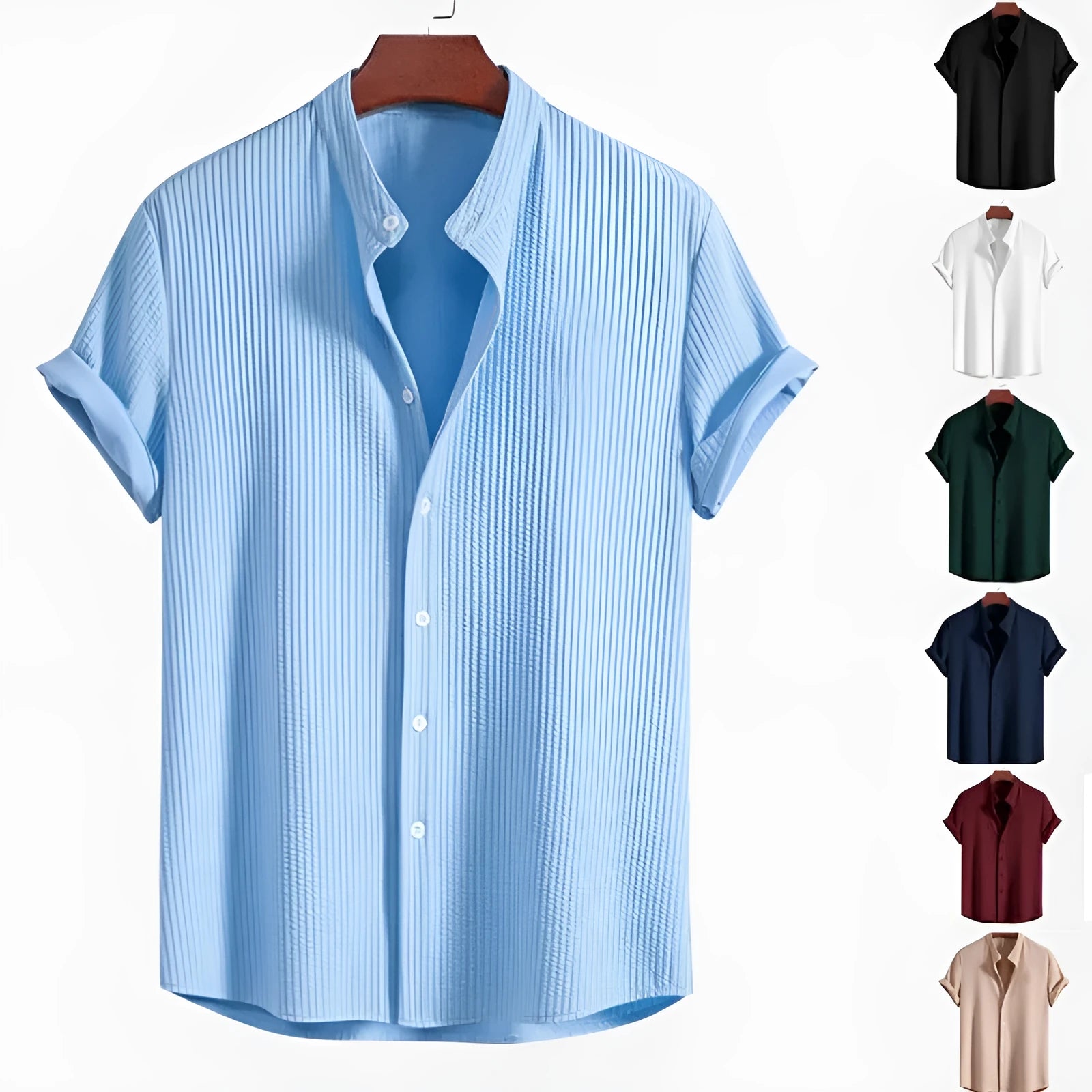 Men's loose fit short sleeve casual shirt in a solid colour on a hanger