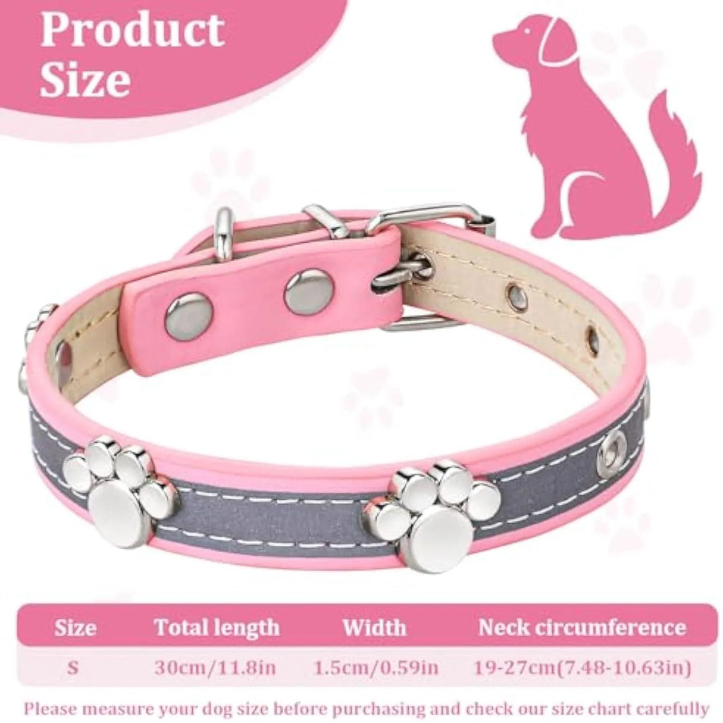 Reflective adjustable leather dog collar for small medium large dogs with cute paw rivet and metal buckle.