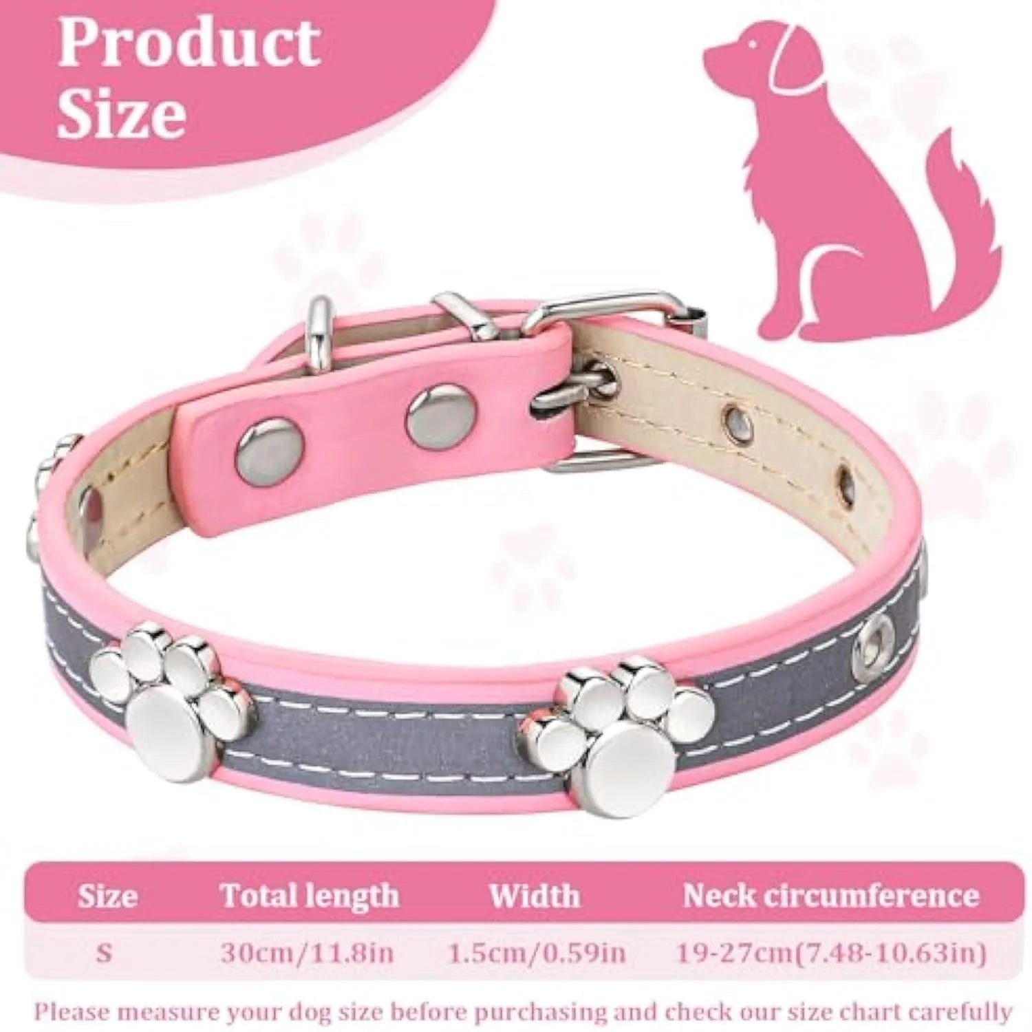 Reflective adjustable leather dog collar for small medium large dogs with cute paw rivet and metal buckle.