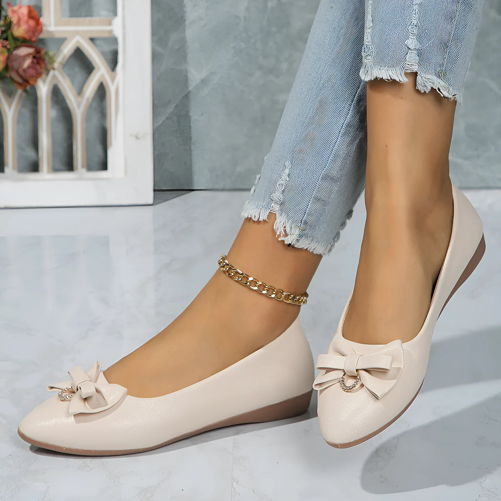 Women's beige casual loafers with bowknot detail and shallow mouth slip-on design
