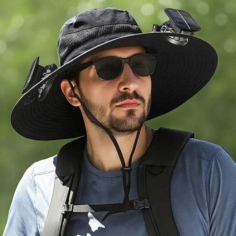 Men's beige solar-powered fan hat for fishing and outdoor sun protection